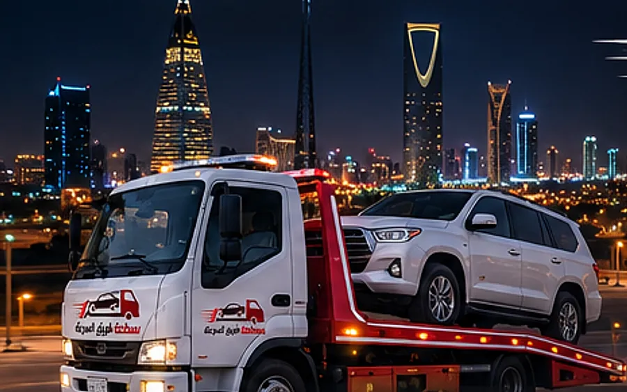 سطحة طريق السرعة تحمل سيارة جيب بيضاء ليلًا وخلفها أبراج الرياض